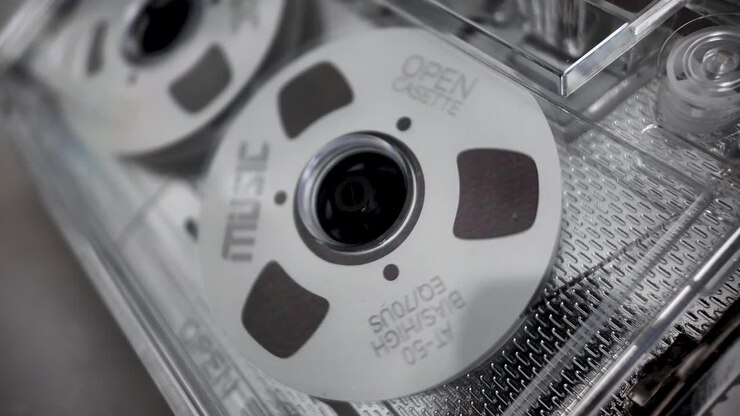 Nostalgia e rinascita dell'audio analogico, con un primo piano macro di bobine di audiocassette che ruotano.