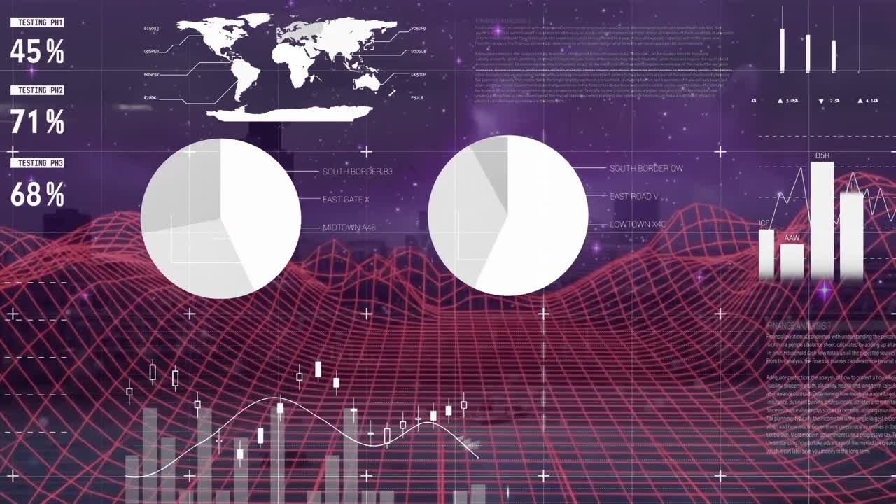 Анимация обработки статистических и финансовых данных над городским пейзажем.