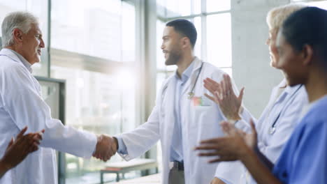 happy, applause or doctors shaking hands