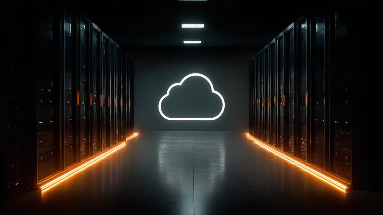 Dramatic Visual of a Modern Data Center Highlighted by Neon Cloud Icon Amid Rows of Servers, Creating an Impressive Tech Atmosphere