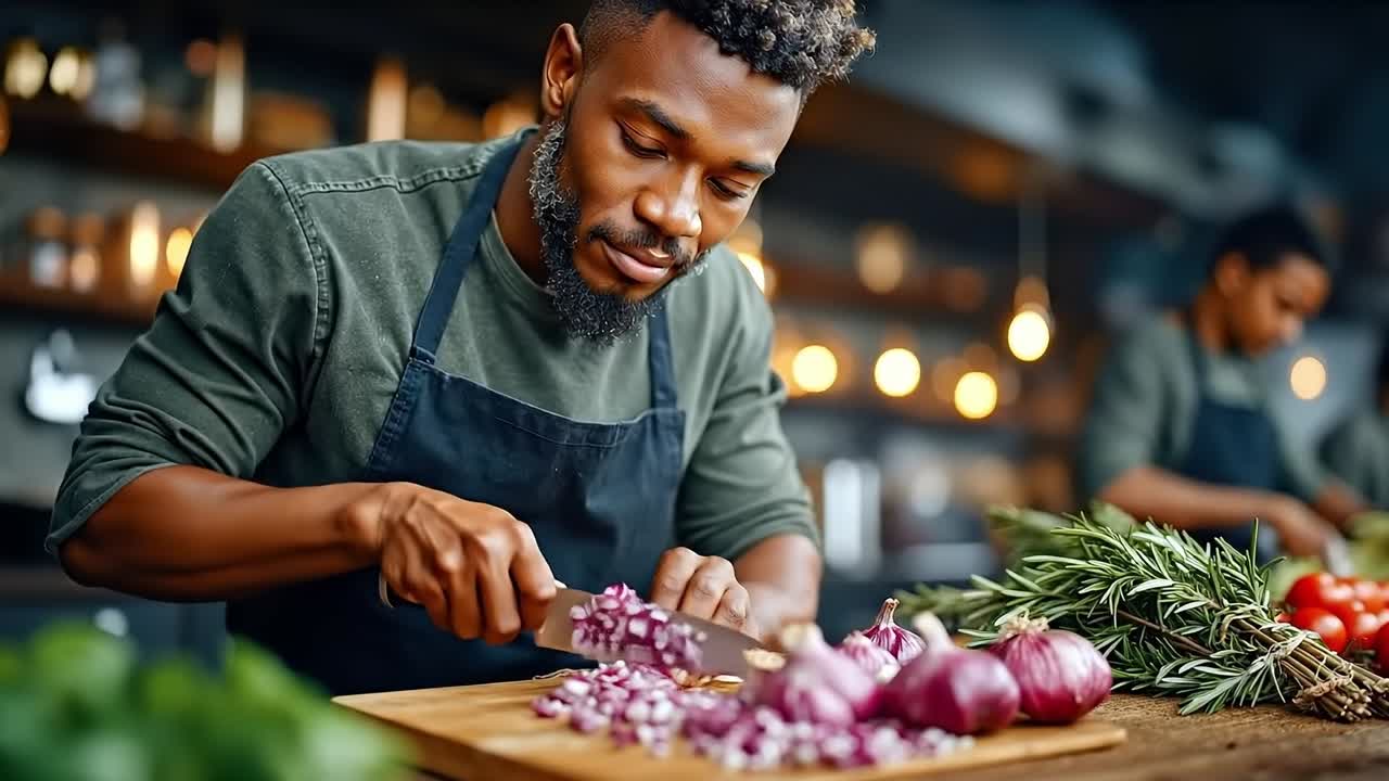 A man in an apron cutting onions on a cutting board in a kitchen
