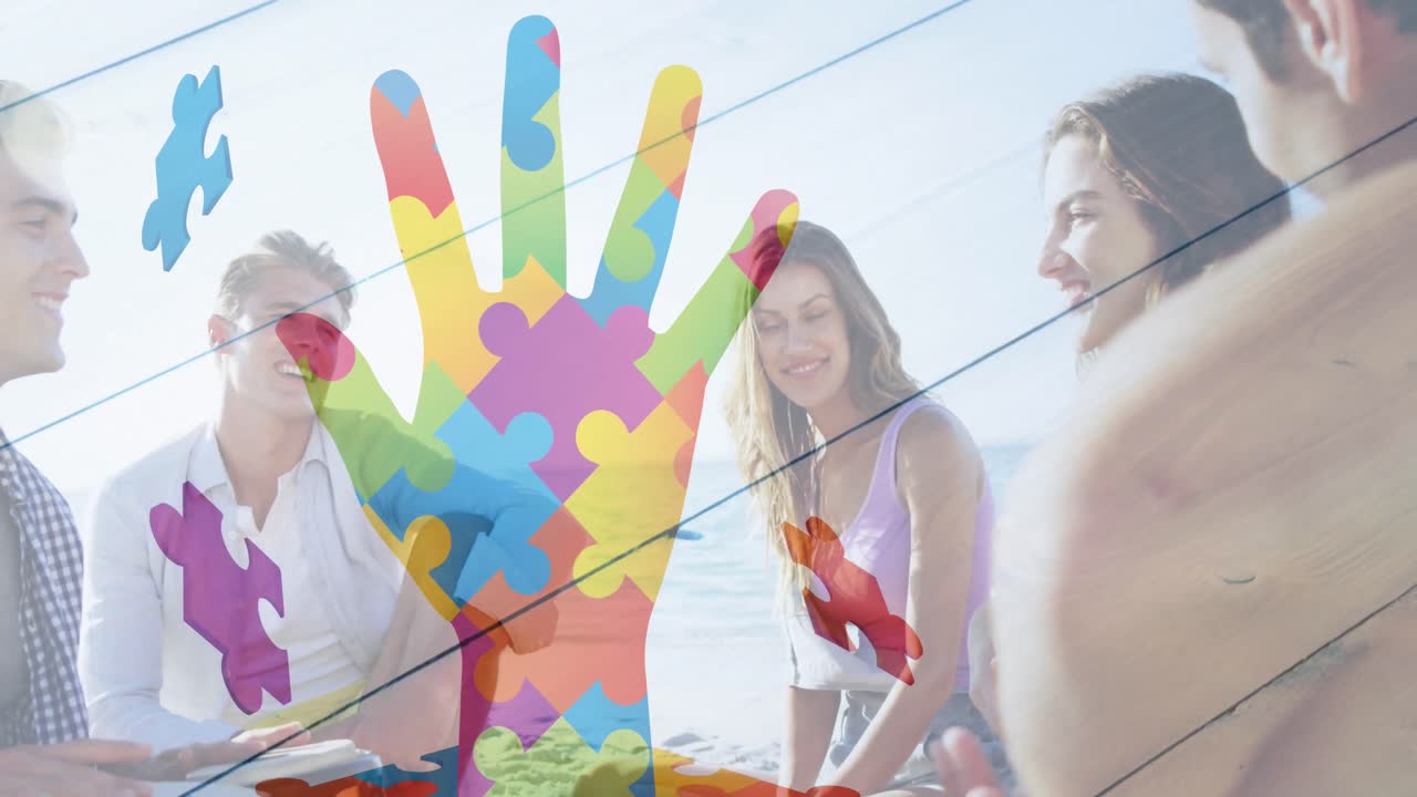 animación de coloridas piezas de rompecabezas entrega de amigos felices en la fiesta de playa de verano
