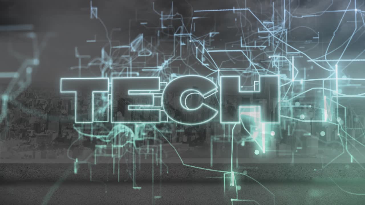 Glowing neon TECH text being animated over skyline, with circuit lines and wireframe nodes