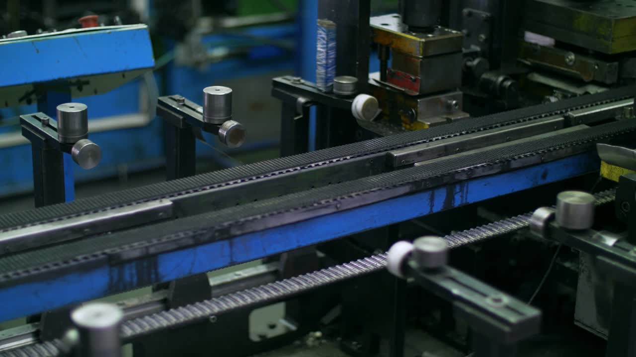 Steel sheet moving on production line at factory. Metal working at factory