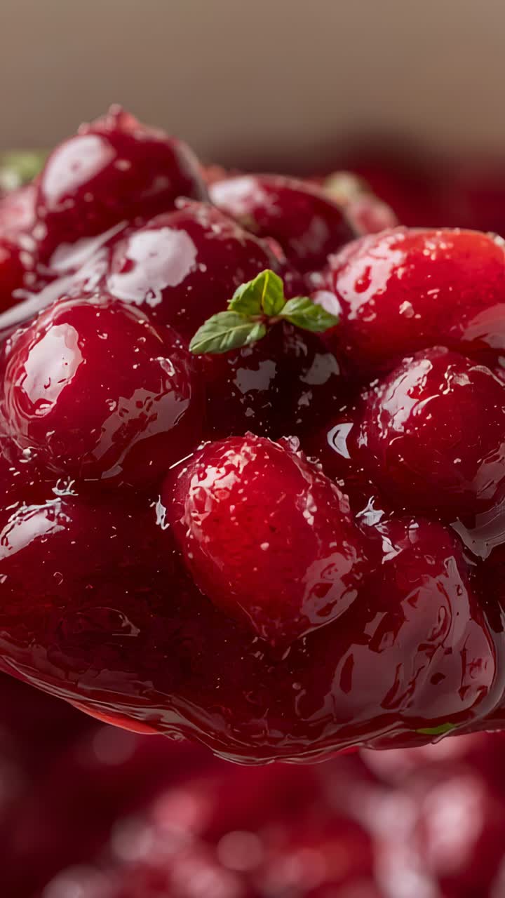 Vertical video: Tilting spoonful syrupy red berries shifting focus in studio, revealing mint leaf