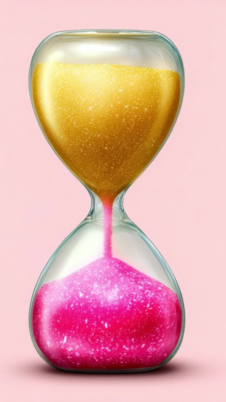 An aesthetically pleasing hourglass filled with vibrant golden and pink glitter sands, capturing the essence of time flowing in a captivating visual display