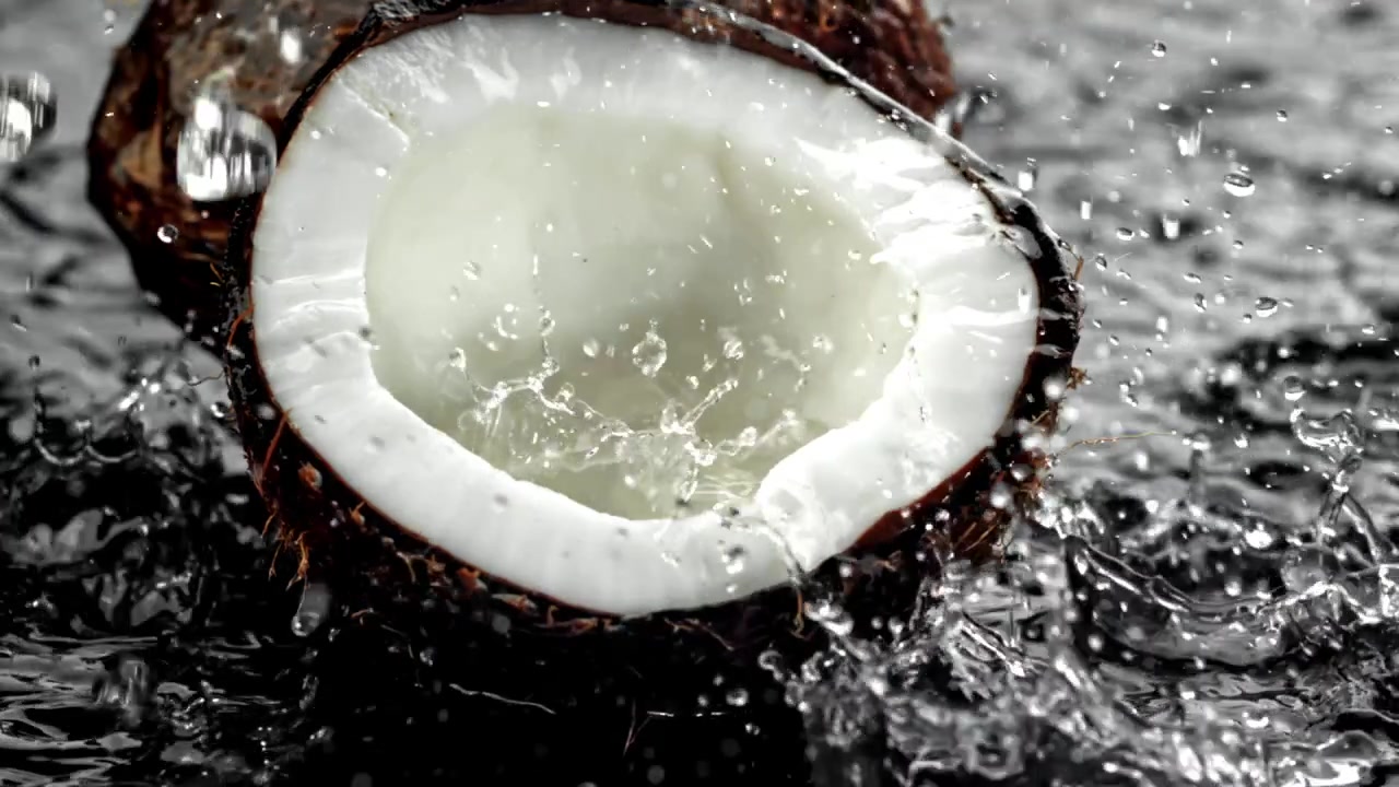 Refreshing Water Splashing into a Fresh Coconut Half in Slow Motion