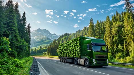 green truck transporting cargo through a scenic mountain forest road