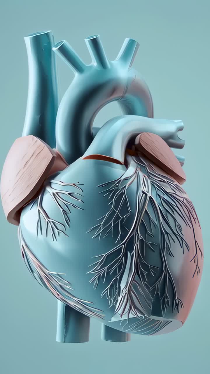 Video verticale: modello di cuore rotante all'inizio su sfondo verde acqua, che rivela l'aorta, i vasi e cuscinetti rosa