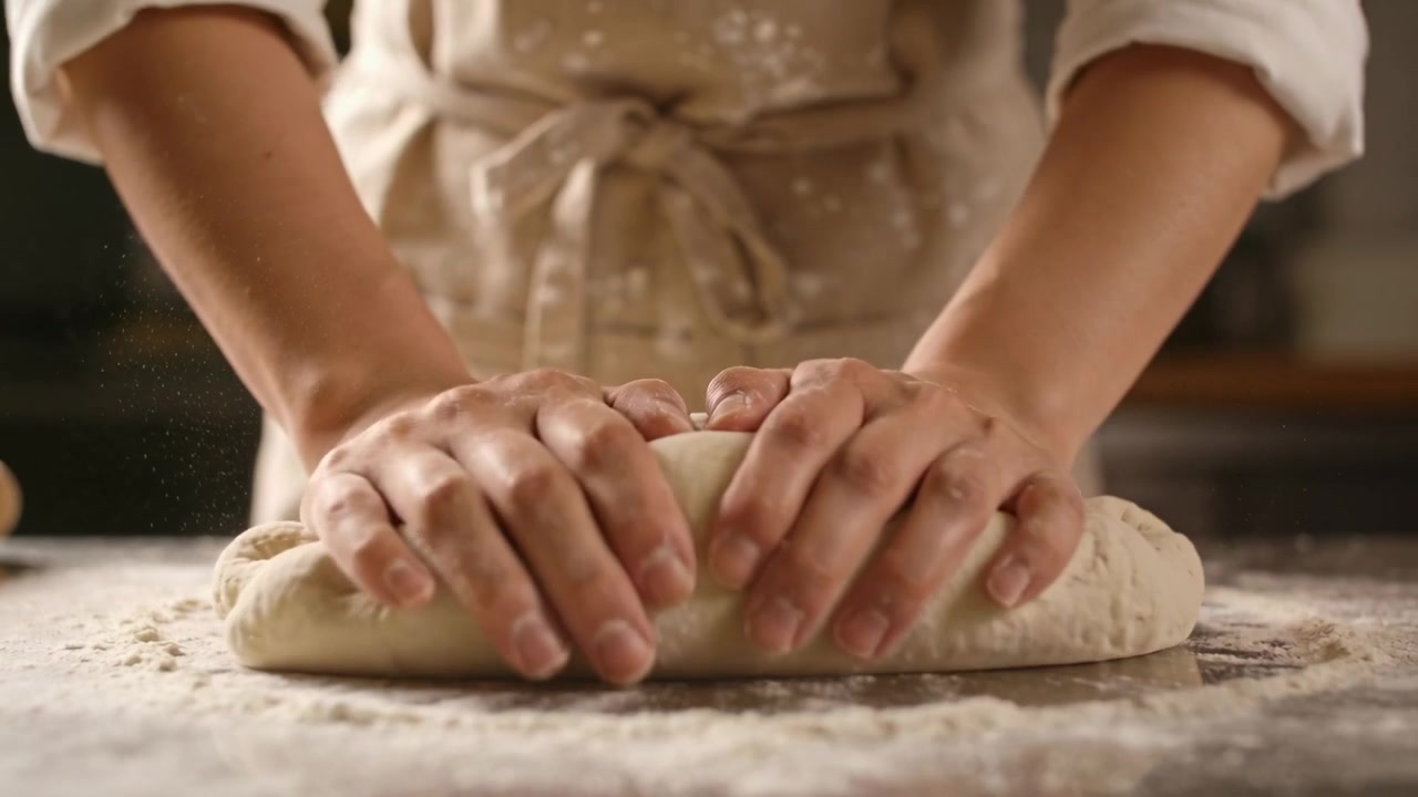 Pressing, folding and rolling dough, baker wearing apron shaping loaf in home kitchen for baking