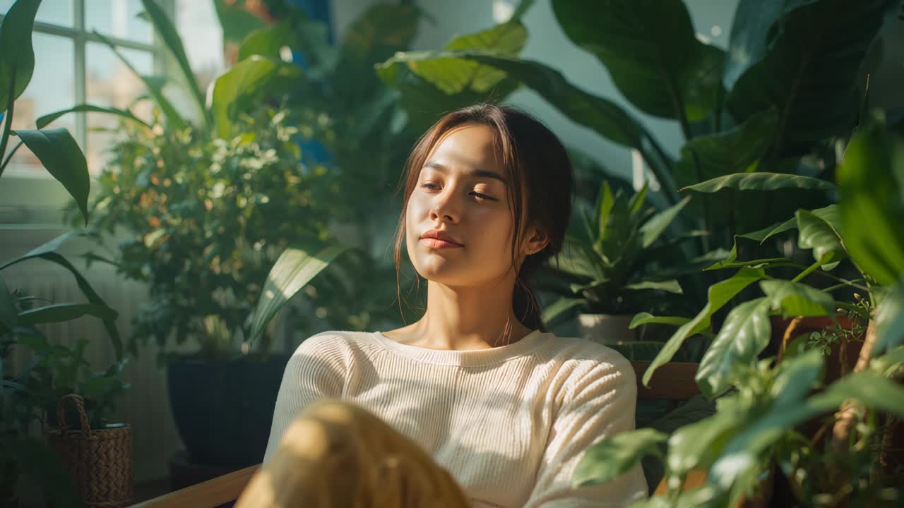 Gazing with sunbeams shifting, Asian woman sitting by paned window among plants, wearing sweater