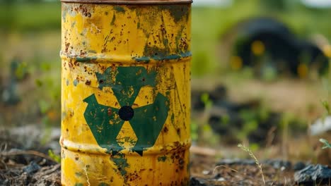 un barril amarillo con un símbolo radiactivo pintado en él