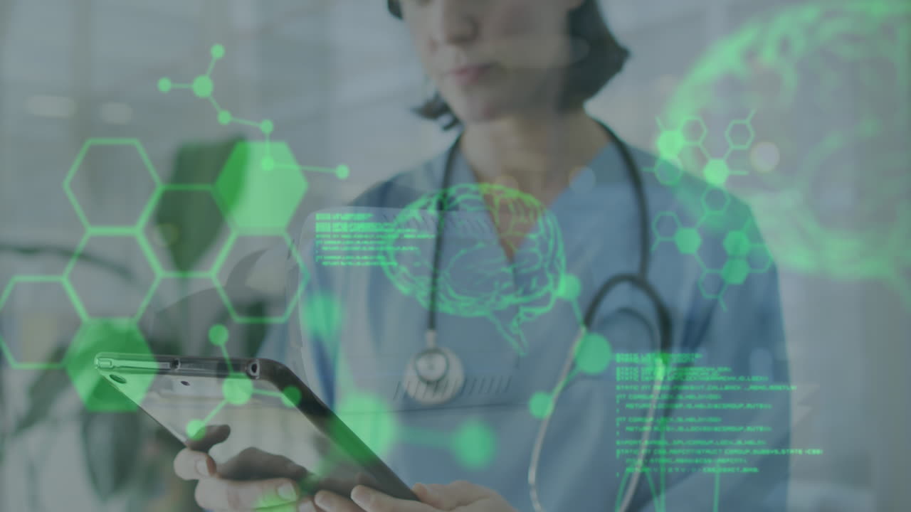 Animation of scientific data processing over caucasian female doctor