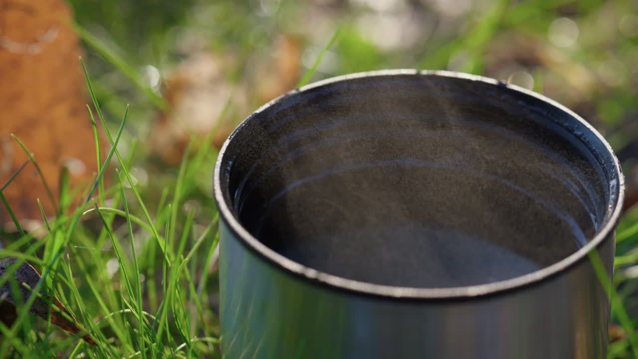 Heißes Getränk im Metallbecher steht auf grüner Waldwiese an sonnigem Herbsttag, Nahaufnahme.