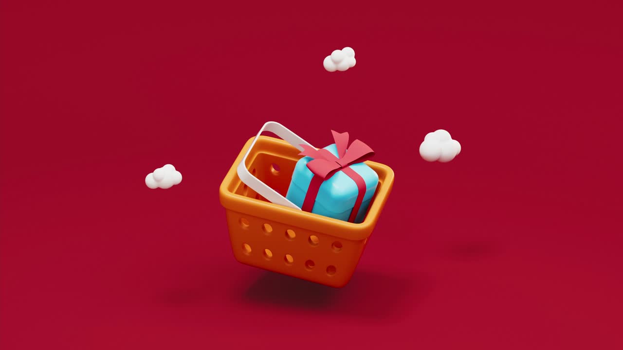 쇼핑 바구니와 선물의 루프 애니메이션, 3d 렌더링