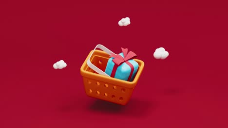 animación de bucle de la canasta de compras y regalos, renderización en 3d.