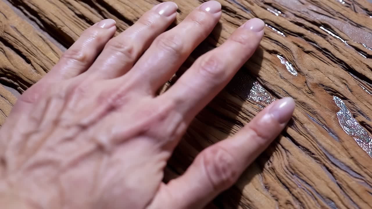 텍스처 된 목재 표면에 손으로