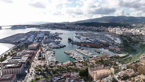 marina yacht port aerial establish shot in mallorca old city spain