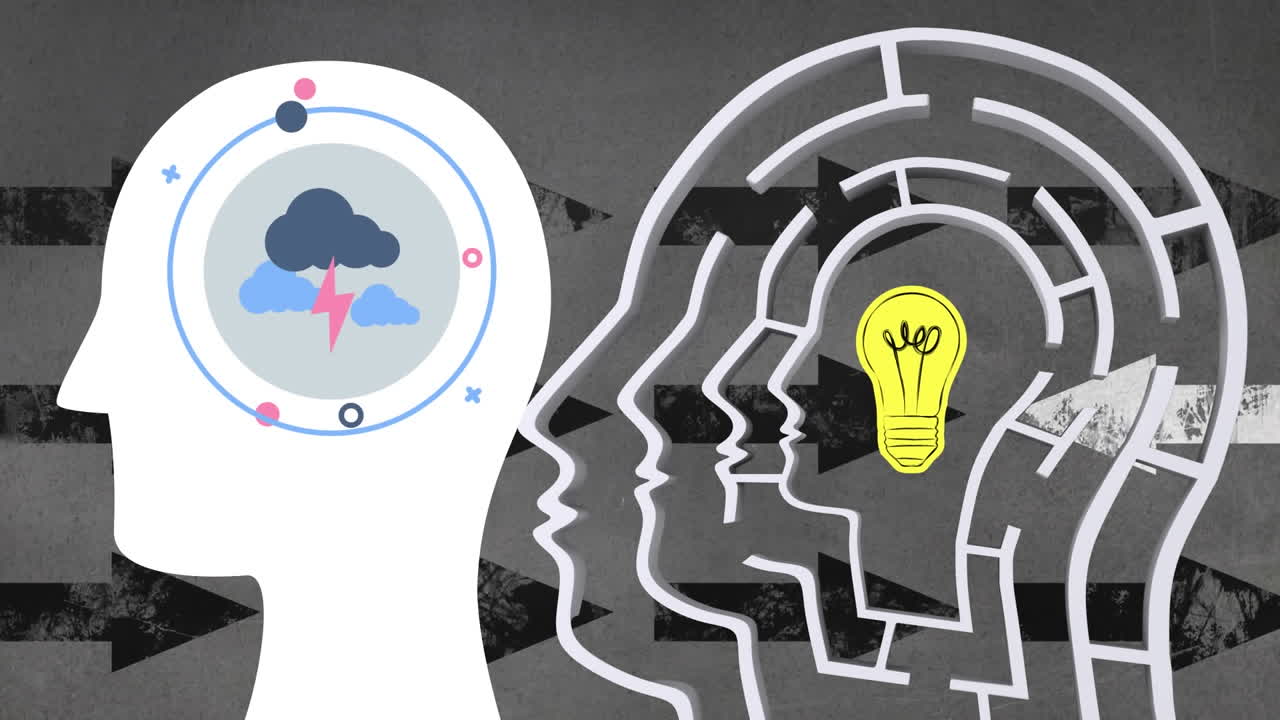 animación de cabezas humanas con nubes y bombilla sobre flechas negras