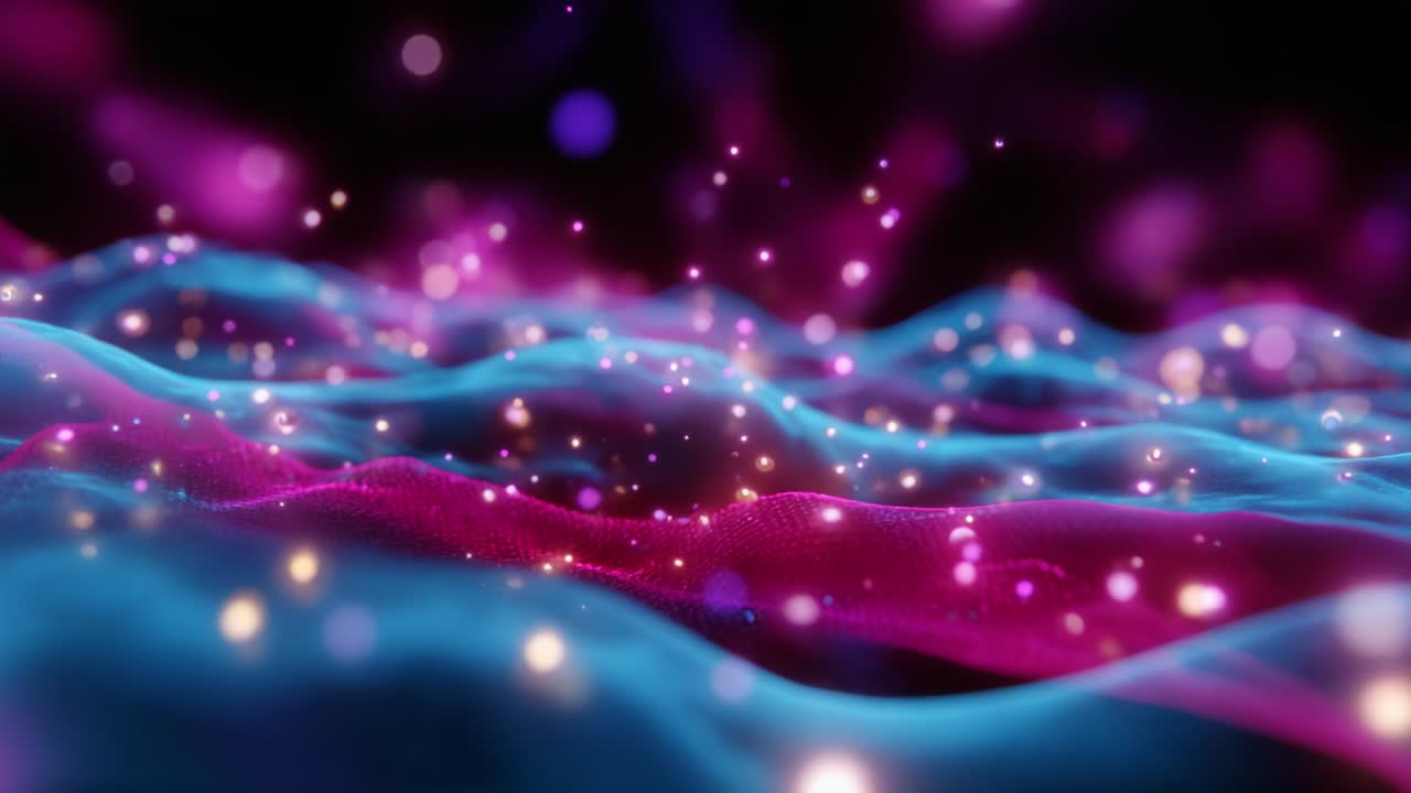 A Stunning Visualization of Abstract Waves in a Neon Color Palette Featuring Radiant Particles and Fluid Motion, Capturing the Essence of Dynamic Energy and Ethereal Beauty in a Surreal Landscape