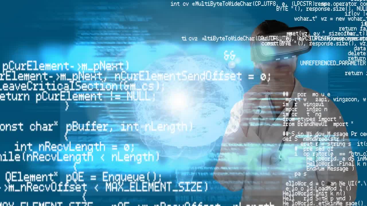 vr 헤드 ⁇ 과 인간 뇌를 착용한 여성 의사에 대한 데이터 처리 애니메이션