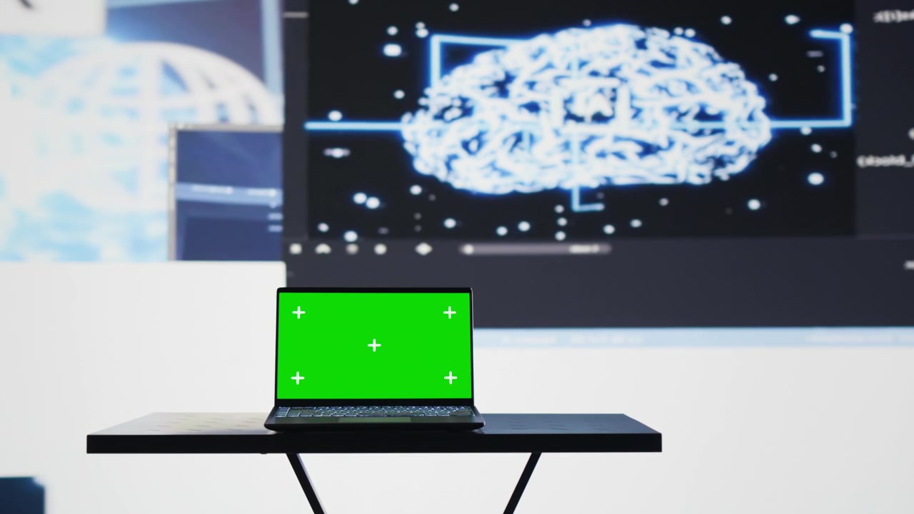 Mockup di laptop combina grafica del cervello AI con il cloud computing