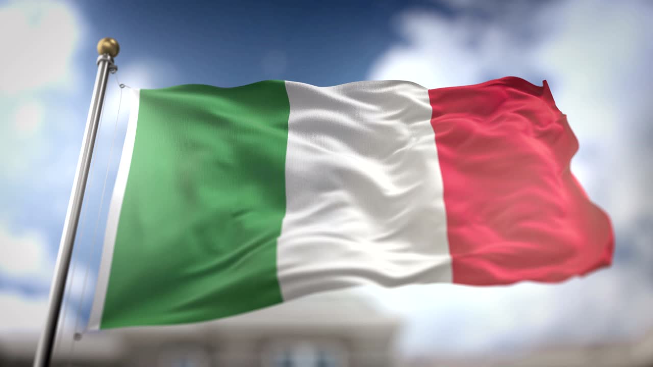 Bandiera italiana che sventola al rallentatore, rendering 3D, sfondo cielo blu - Loop continuo 4K