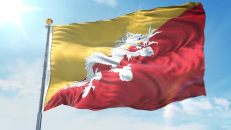 4k 3d illustration of the waving flag on a pole of country bhutan