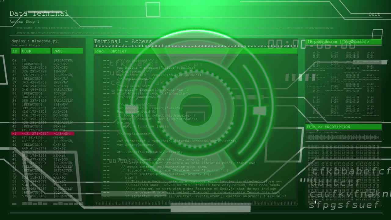 Animation of digital data processing over screens on dark background