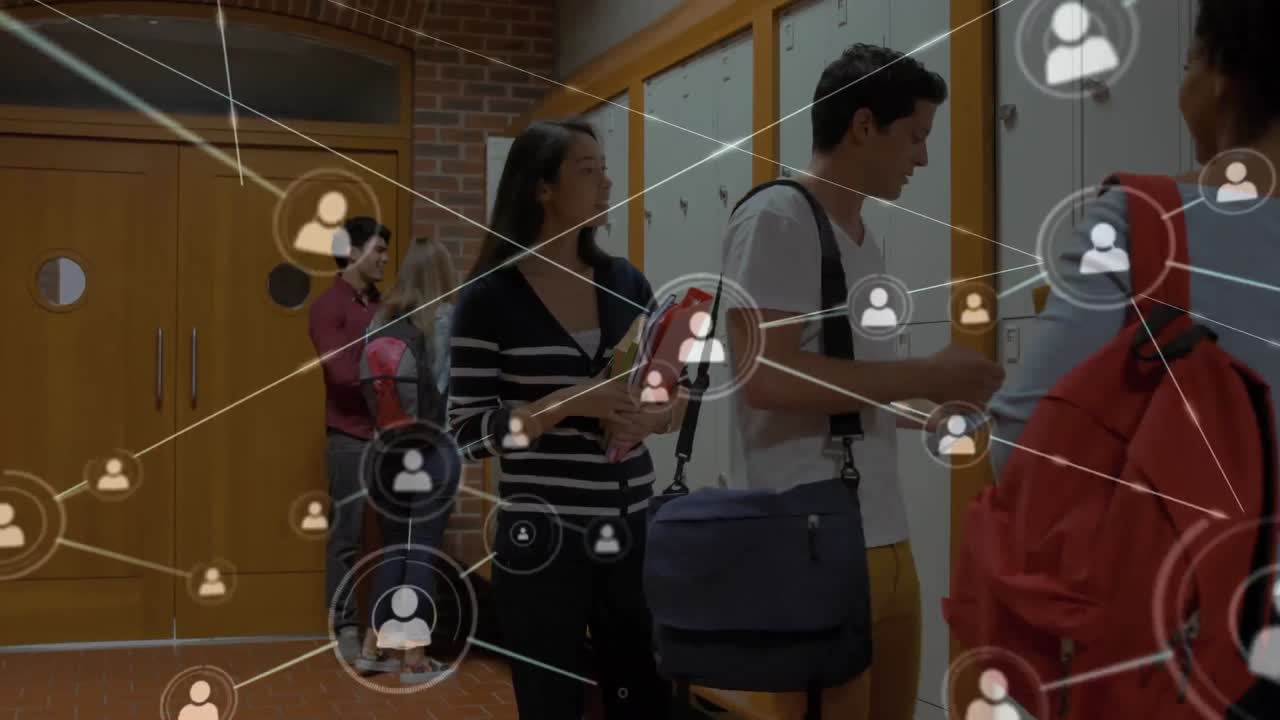 학생들 위의 아이콘으로 연결된 네트워크의 애니메이션