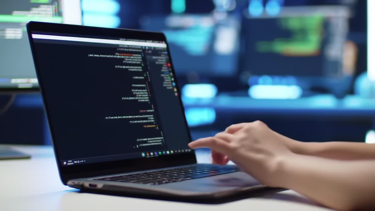A Focused Programmer Engaged in Coding with an Open Laptop Displaying Lines of Code in a Dimly Lit Environment with Multiple Screens in the Background