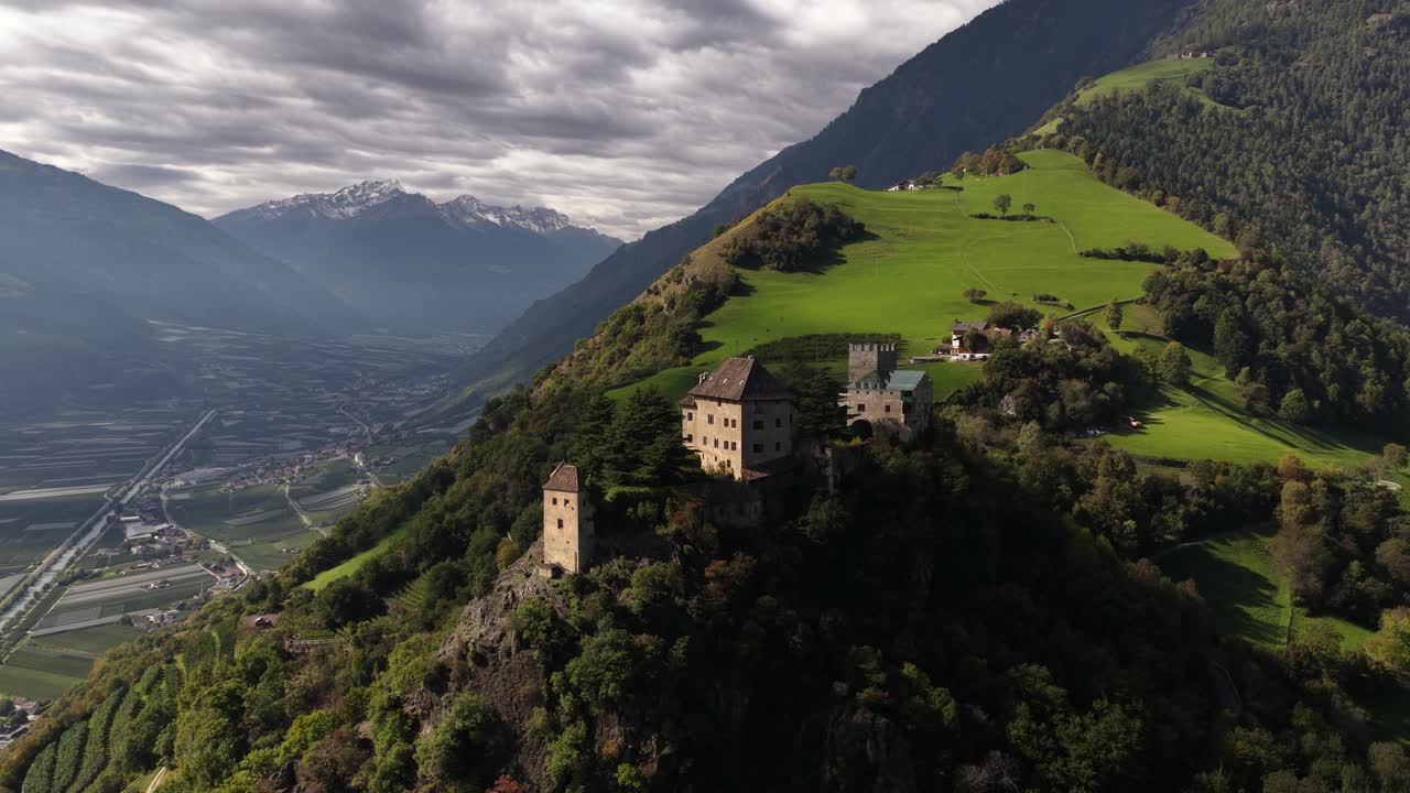Juval Castle Medieval castle located at the entrance of the Schnalstal, Italy. Overlooking valley. Aerial drone video