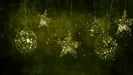 Animation-of-dots,-stars-and-golden-baubles-on-black-and-gold-background