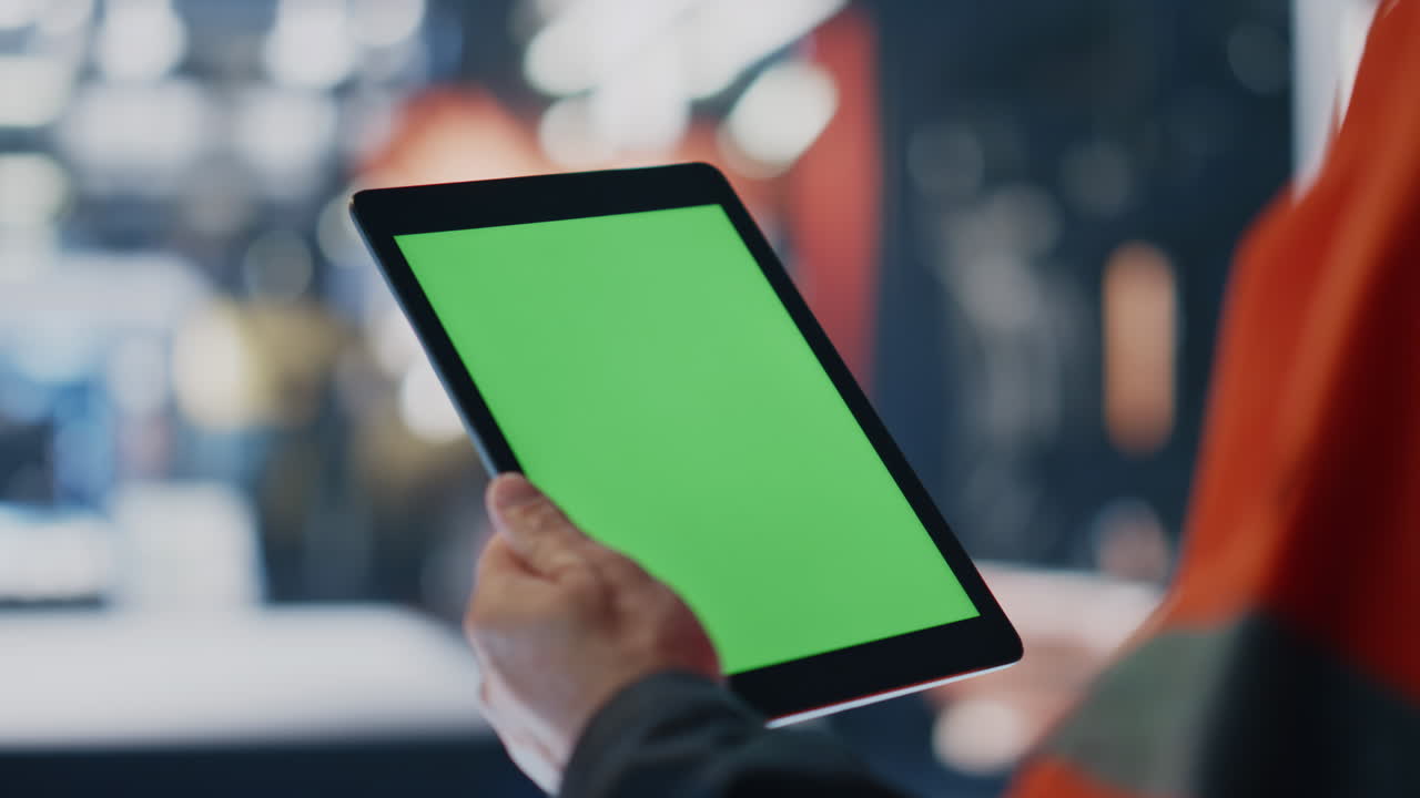 las manos del obrero sosteniendo la tableta de pantalla verde mirando el primer plano de la información de producción