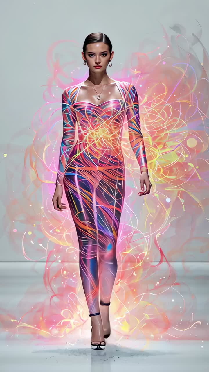 Vertical video: Walking female model approaching as camera closing on runway showing neon dress