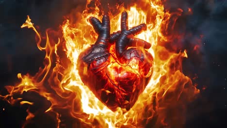 un corazón en llamas sobre un fondo negro