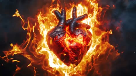 a heart in flames on a black background