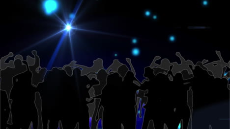 animation of blue glowing spot lights moving around with silhouettes of crowd of people
