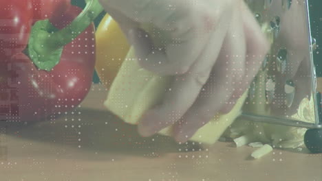 grating cheese with vegetables in background, data processing animation overlay in kitchen