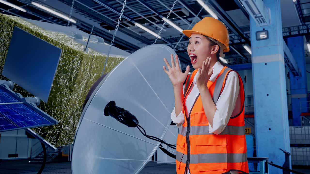 ingeniero reacciona al sistema de satélite en una fábrica
