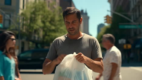 man experiencing heat or exhaustion on a city street
