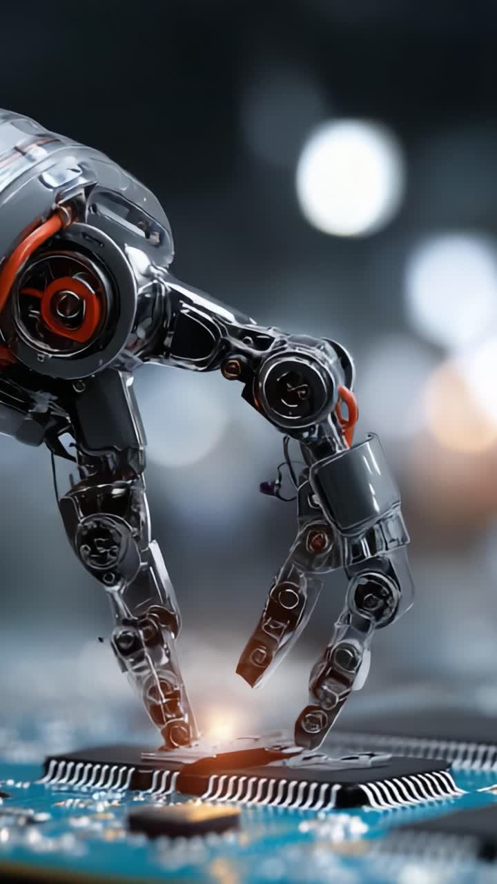 Kompliceret robotarm manipulerer computerchip med præcision: Et indblik i avanceret automatisering og teknologiinnovation