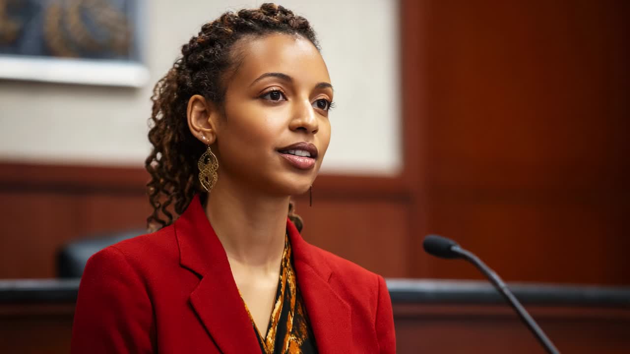 A Confident Woman Testifies in Court, Her Poise and Composure Evident as She Addresses the Jury with Clarity and Conviction, Emphasizing Important Points in a Challenging Legal Environment