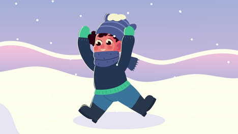 little boy wearing winter clothes in the snowscape scene