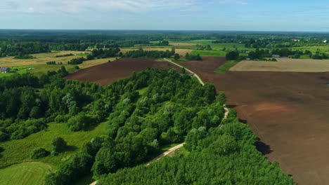 aerial view of a country road with dense trees and farmlands