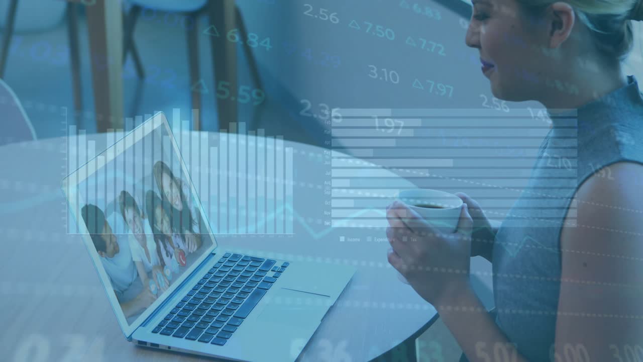 Animation of infographic interface over caucasian woman having coffee and talking over video call