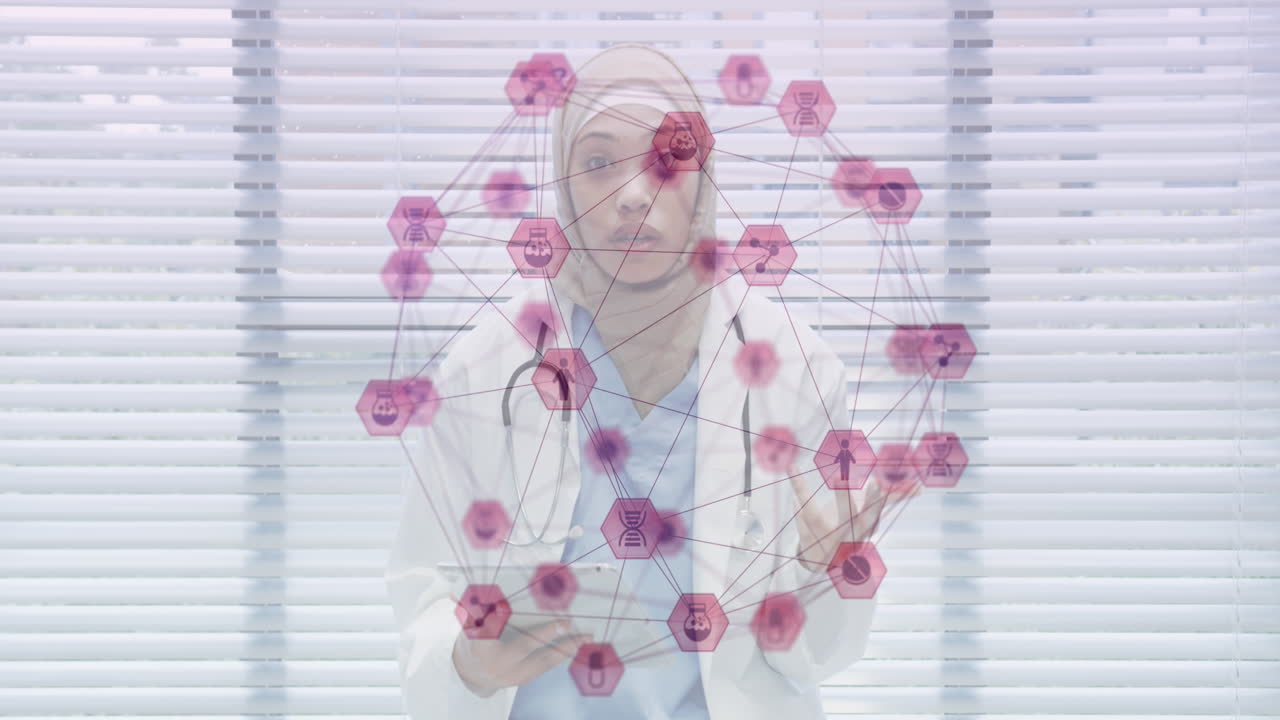 анимация показывает глобальную медицинскую сеть через врача, использующего планшет.