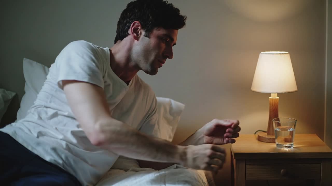 Reaching man in white tee, dark pants, in bed, from thirst, lifting glass on nightstand, reclining