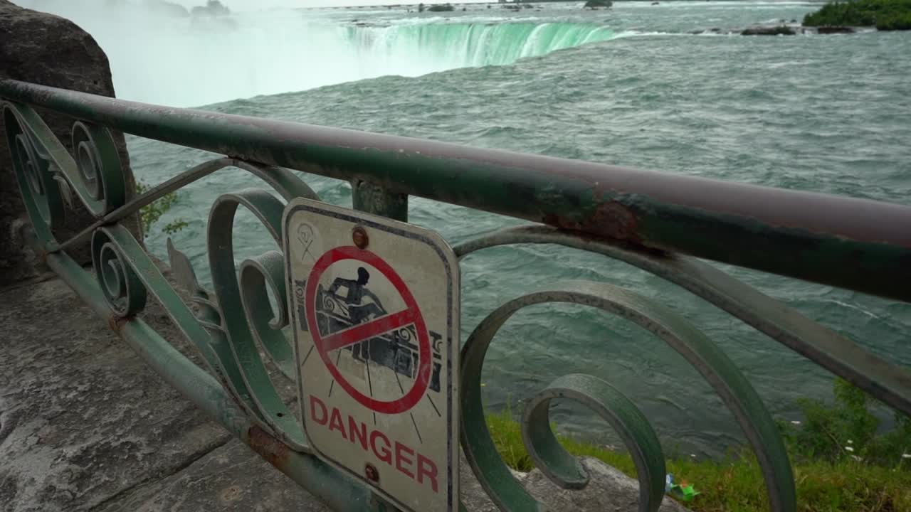 Danger Sign On Fence At Niagara Falls, Travel Attraction In Canada