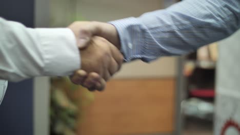 Long, cordial handshake between businessman, office background, close up